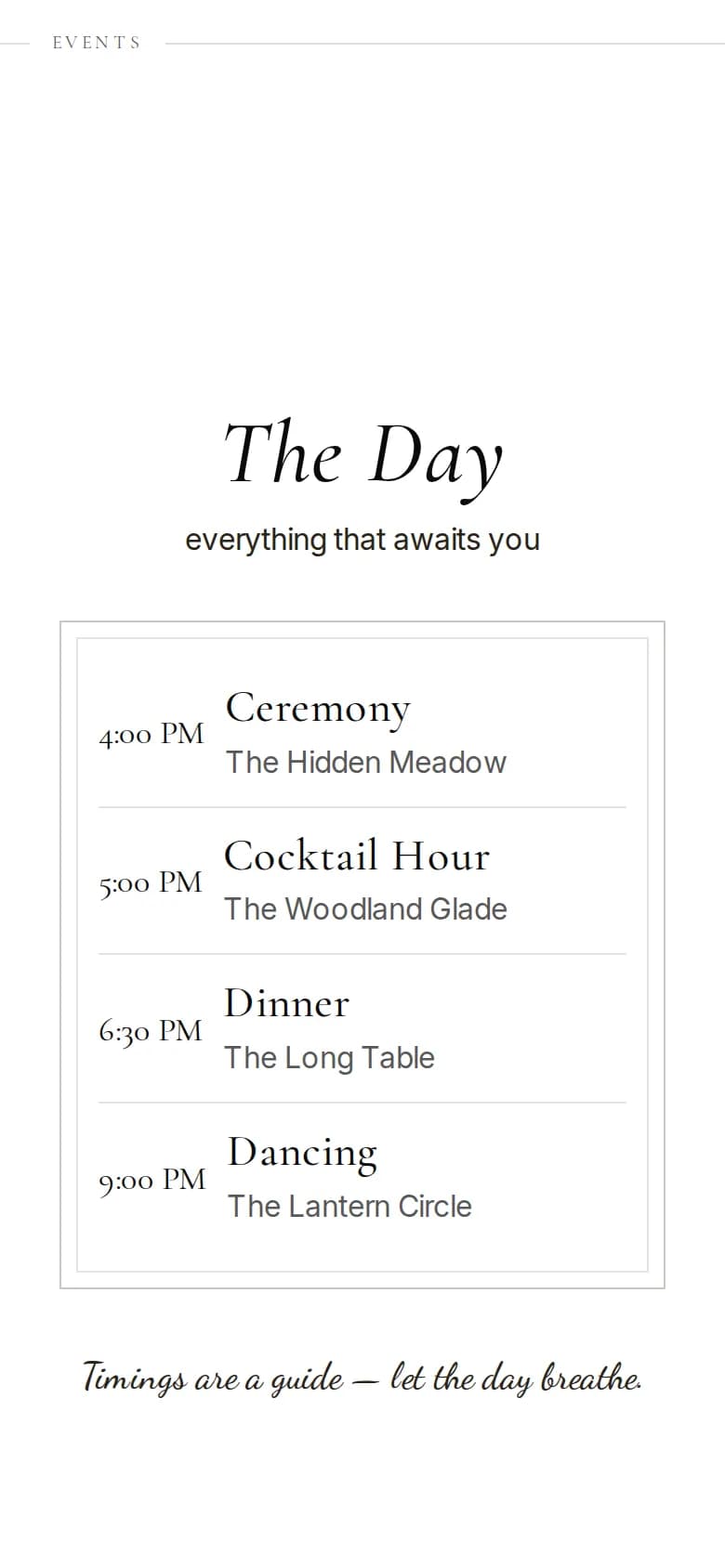 Schedule section of an example invitation on a phone