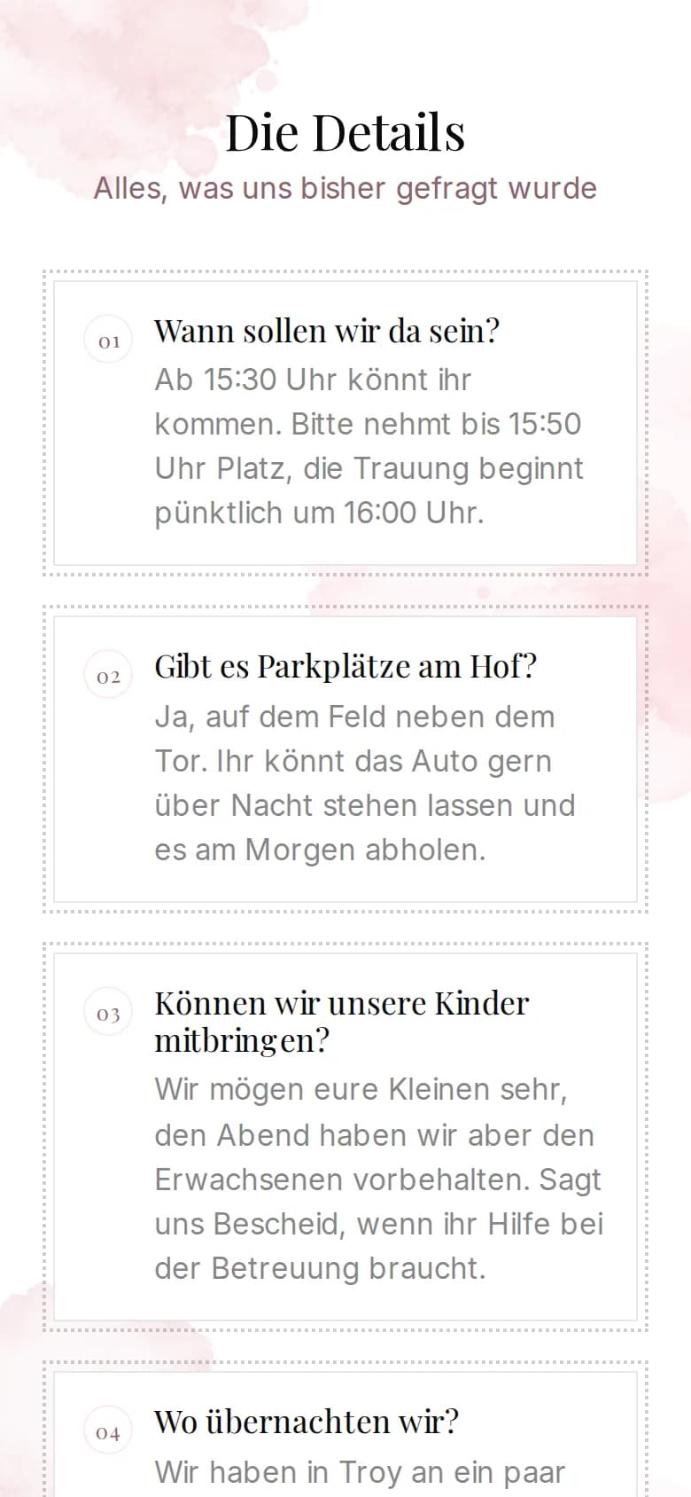 Bereich FAQ einer Beispieleinladung auf dem Handy