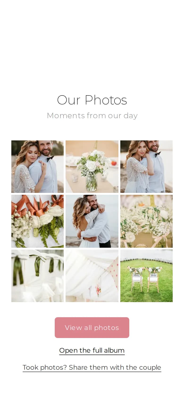 Photo album section of an example invitation on a phone