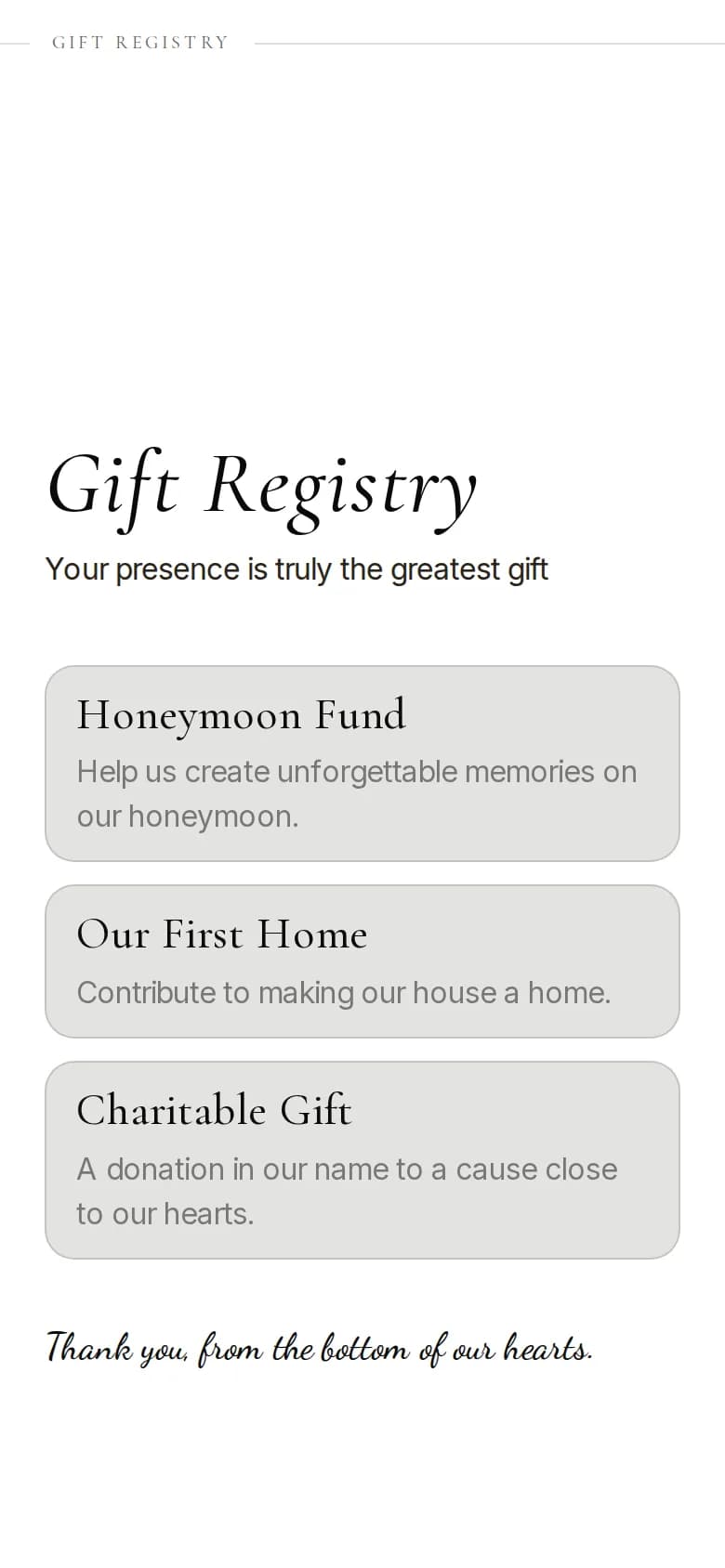 Gift registry section of an example invitation on a phone