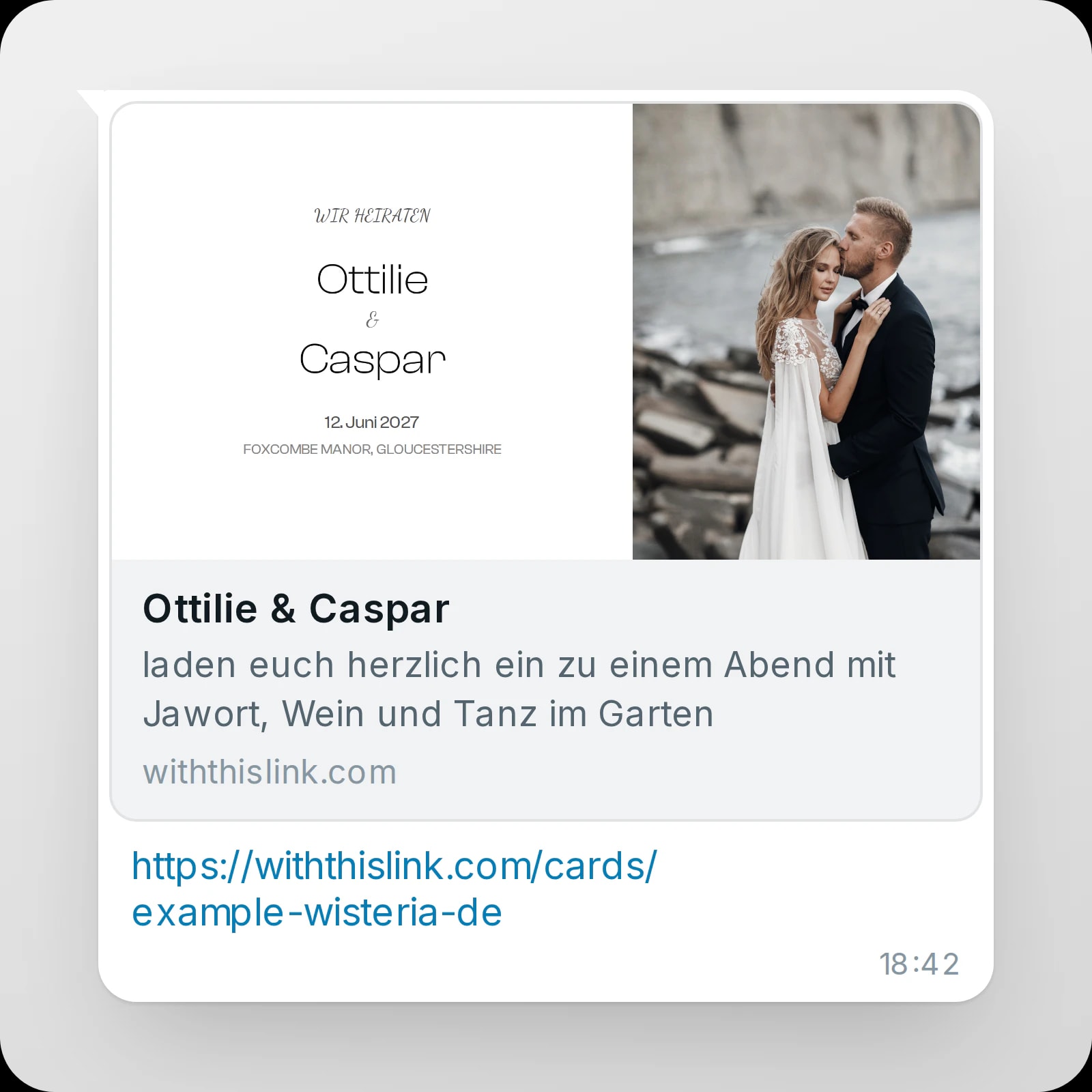 Link-Vorschau einer Beispiel-Einladung im Chat: Coverbild, Titel, Beschreibung und Webadresse