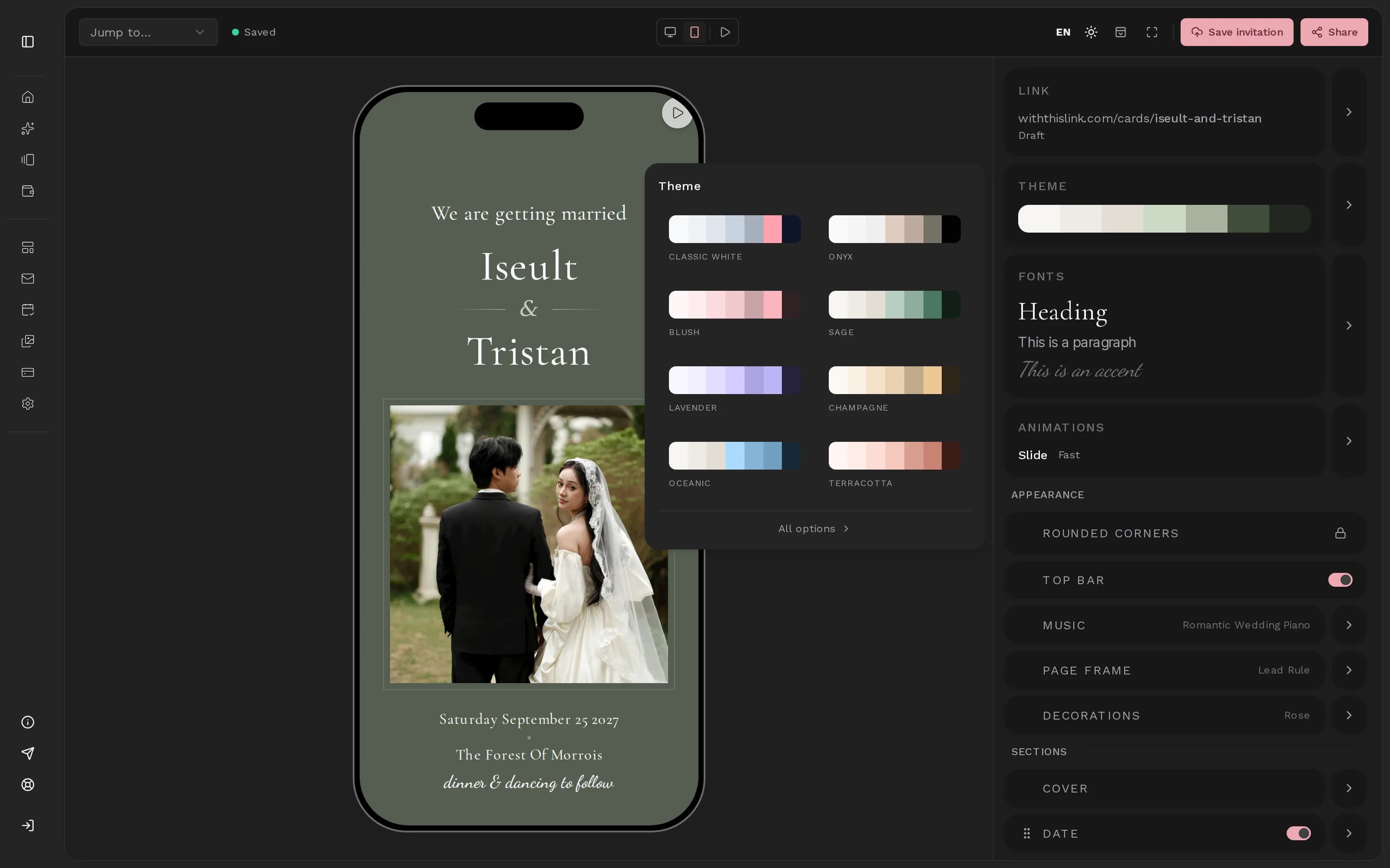 The editor with the theme palettes open next to the phone preview of an invitation