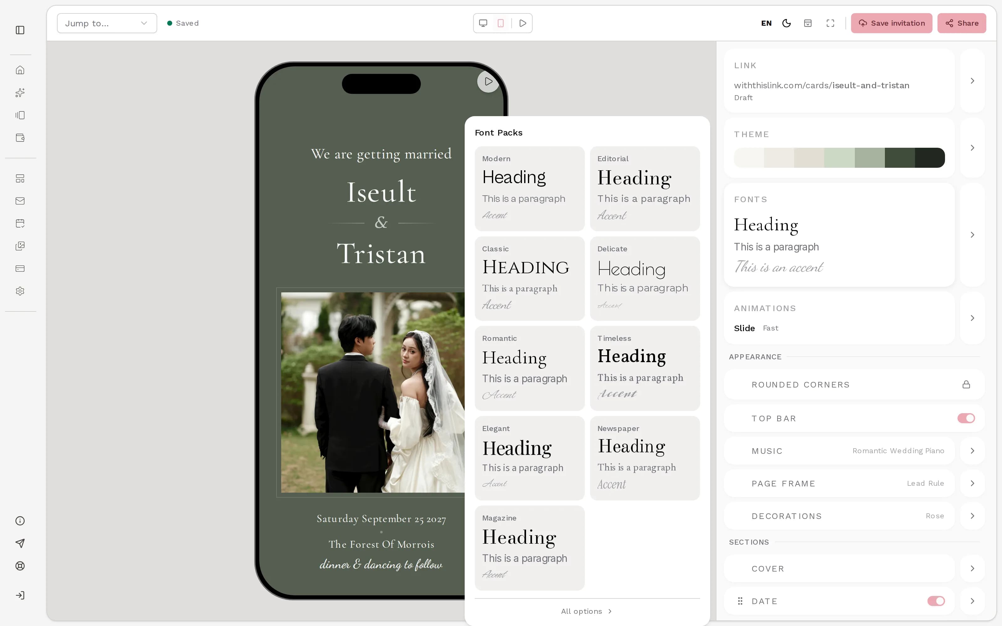 The editor with the font packs open next to the phone preview of an invitation