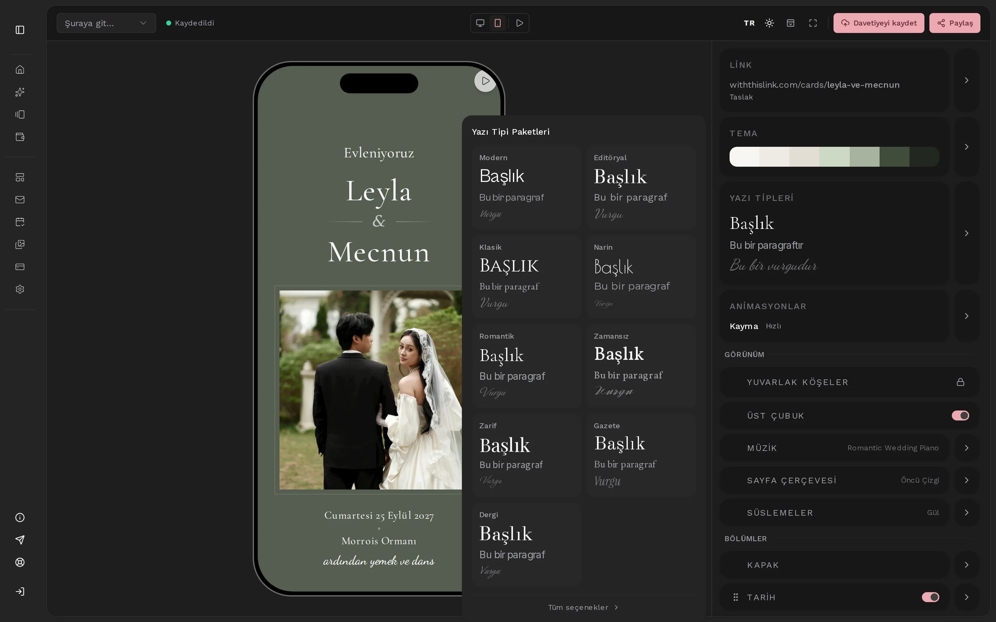Bir davetiyenin telefon önizlemesinin yanında yazı tipi paketleri açık olan editör