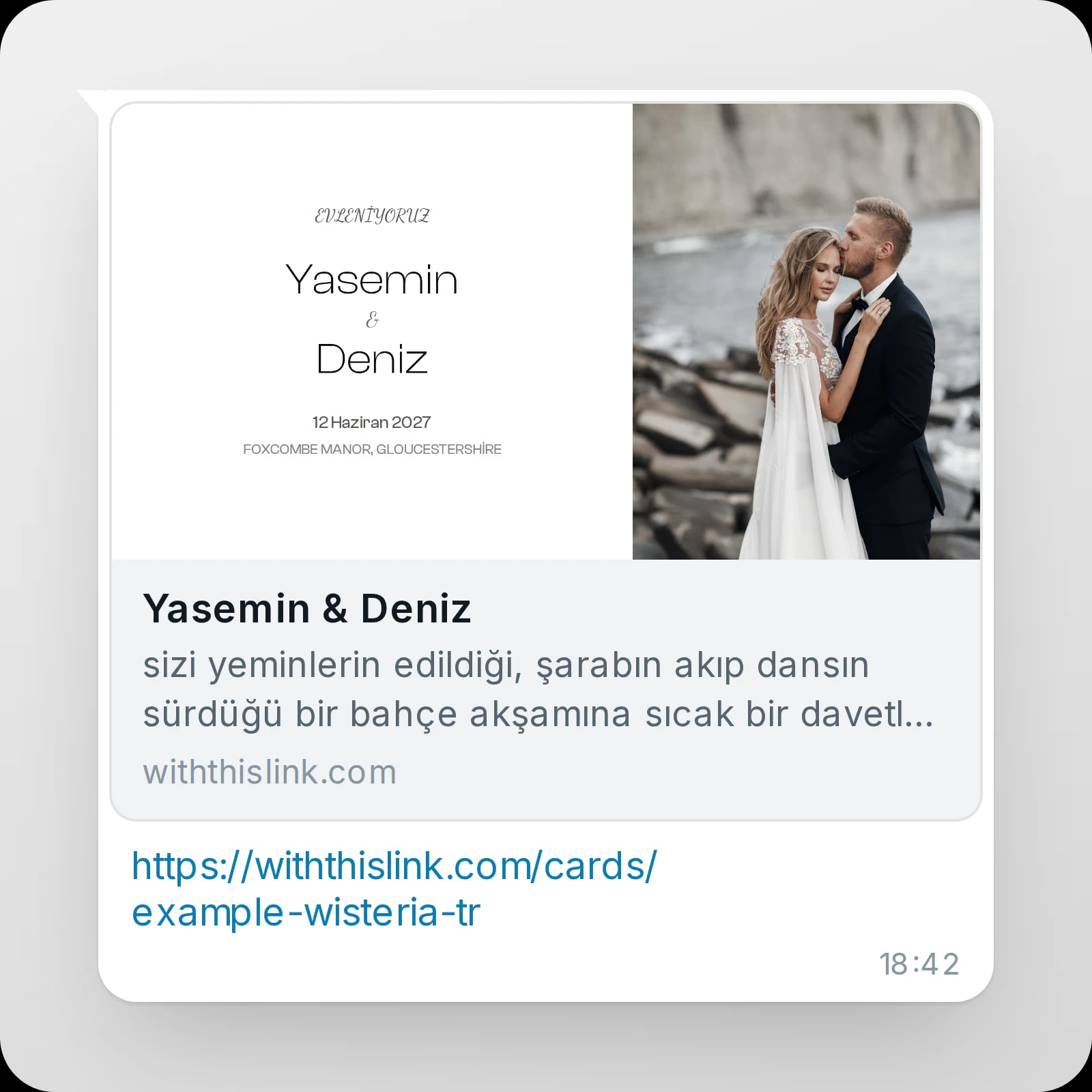 Bir örnek davetiyenin sohbetteki link önizlemesi: kapak görseli, başlık, açıklama ve web adresi