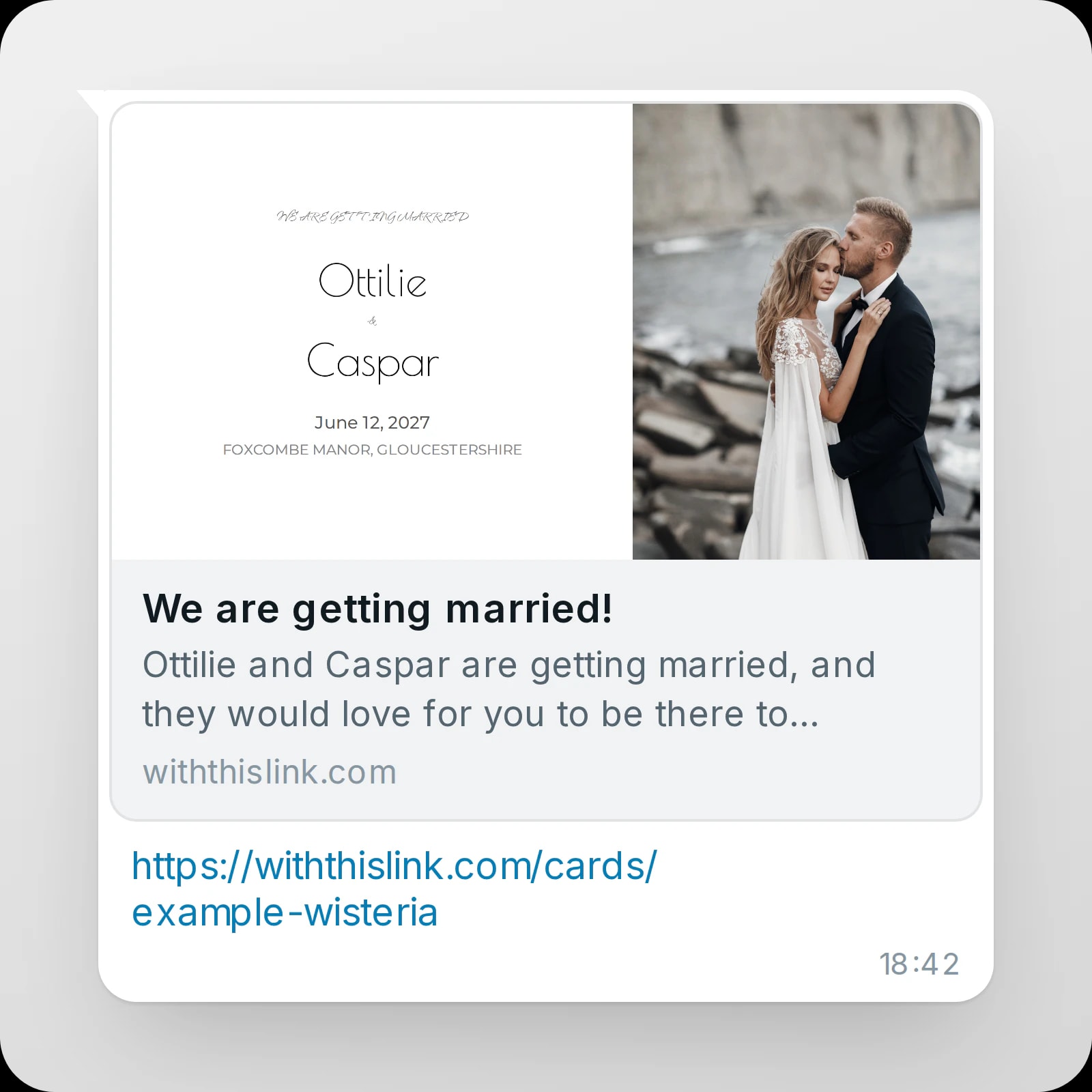 Link preview of an example invitation in a chat: cover image, title, description and web address