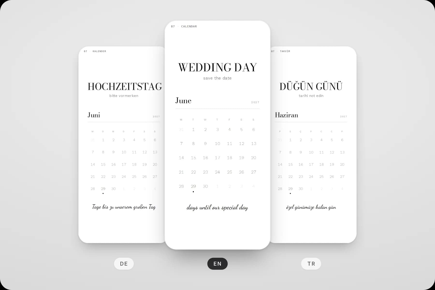 The calendar section of one example design in German, English and Turkish