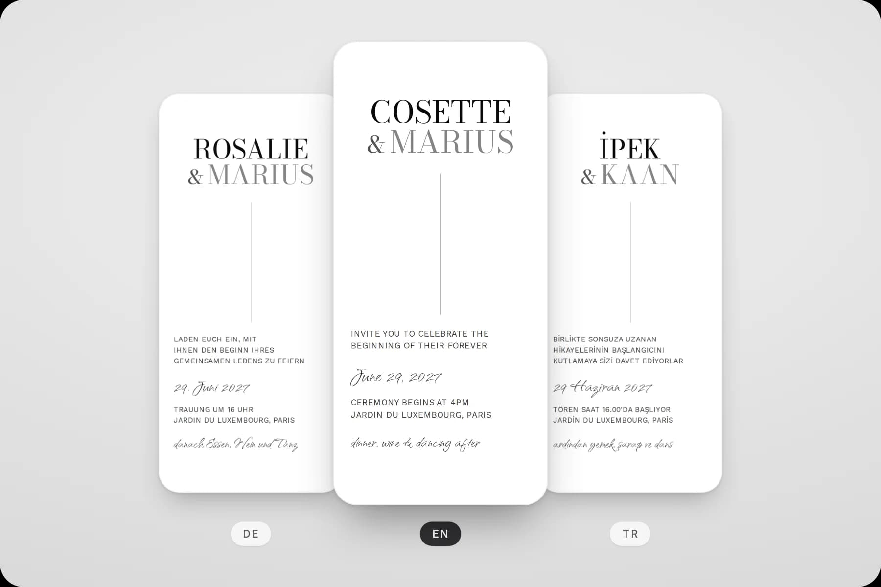 The cover of one example design in German, English and Turkish, each date written in its card language