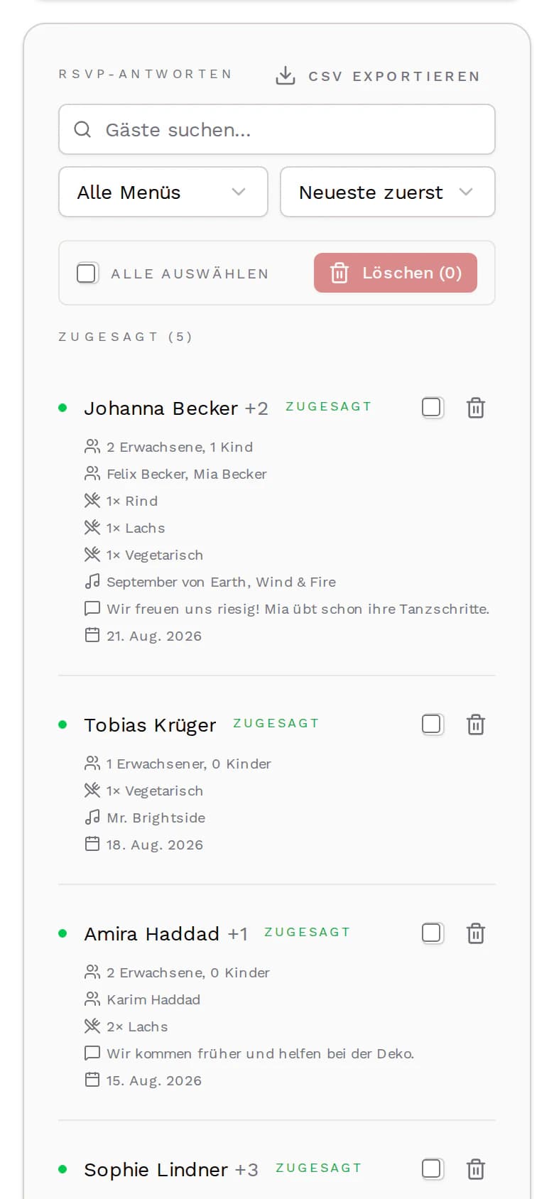 Die Liste der Rückmeldungen auf dem Handy mit Begleitung, Menüwahl, Musikwunsch und Nachricht jedes Gastes