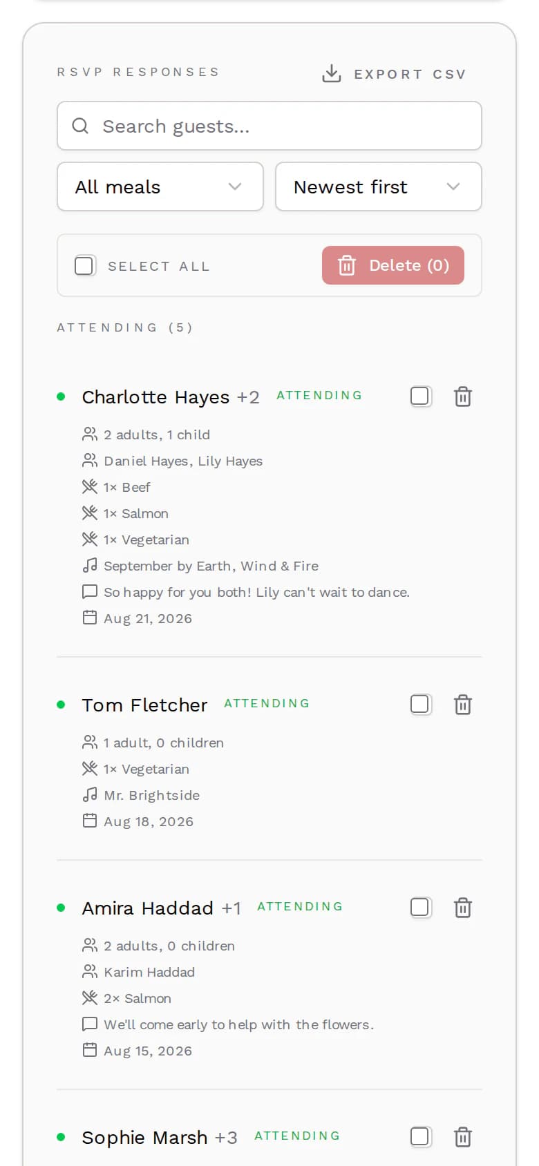 List of RSVP responses on a phone with each guest's party, meals, song request and message