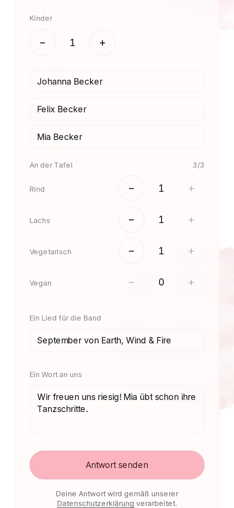 Dasselbe Formular weiter unten: Menüwahl, ein Musikwunsch und eine Nachricht an das Paar