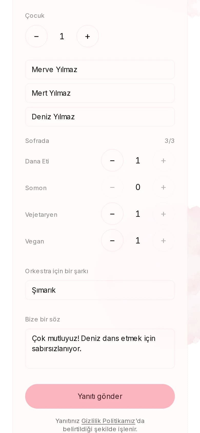 Aynı formun devamı: menü seçimleri, bir şarkı isteği ve çifte bir mesaj