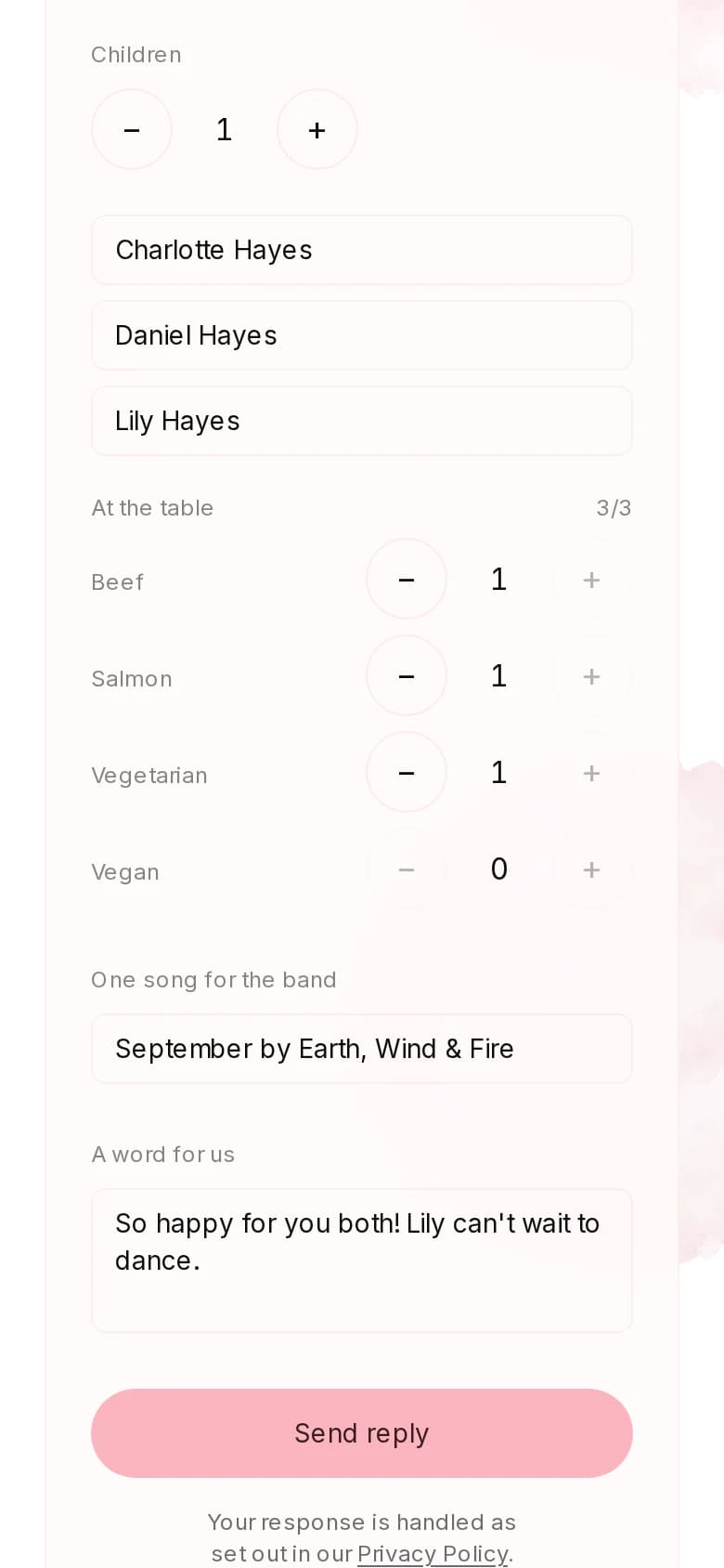 The same RSVP form further down: meal choices, a song request and a message to the couple