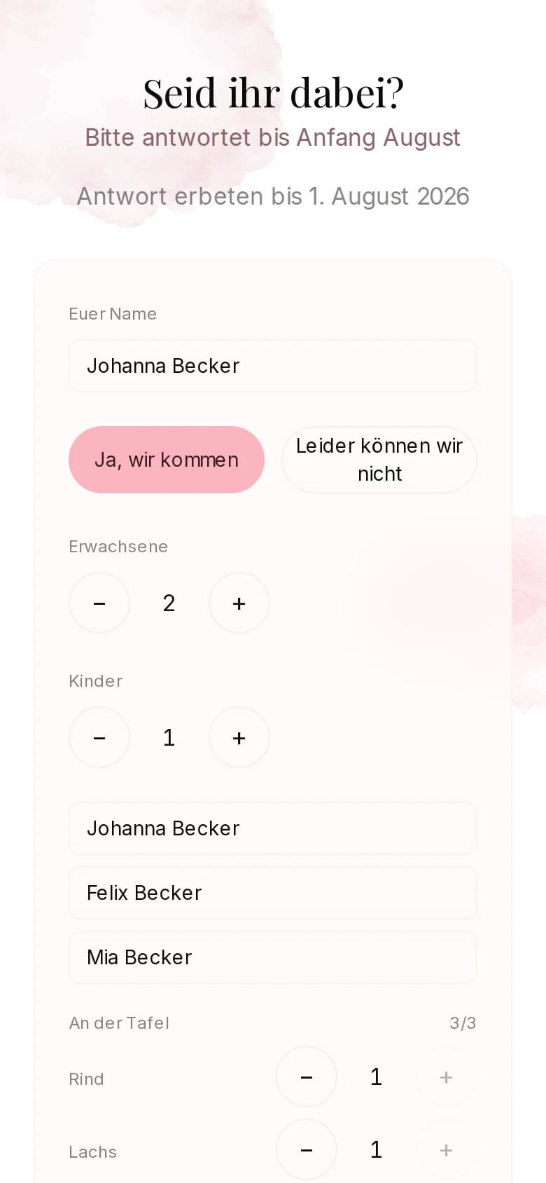 Das Rückmeldeformular einer Beispieleinladung: Name, Zu- oder Absage, Erwachsene, Kinder und Namen der Gäste