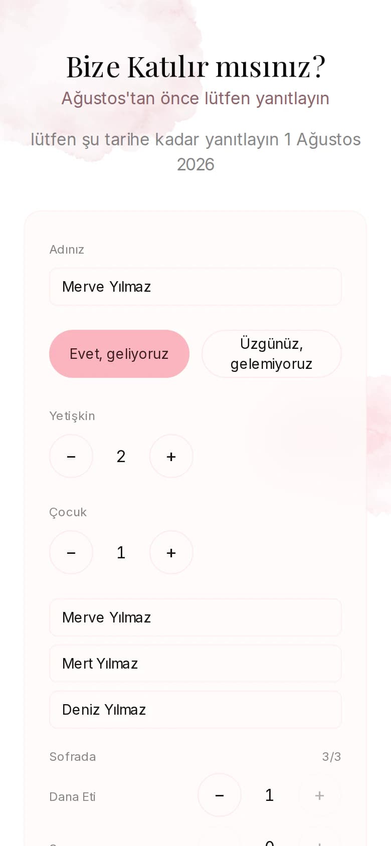 Örnek davetiyede LCV formu: isim, katılım durumu, yetişkin ve çocuk sayısı, misafir isimleri