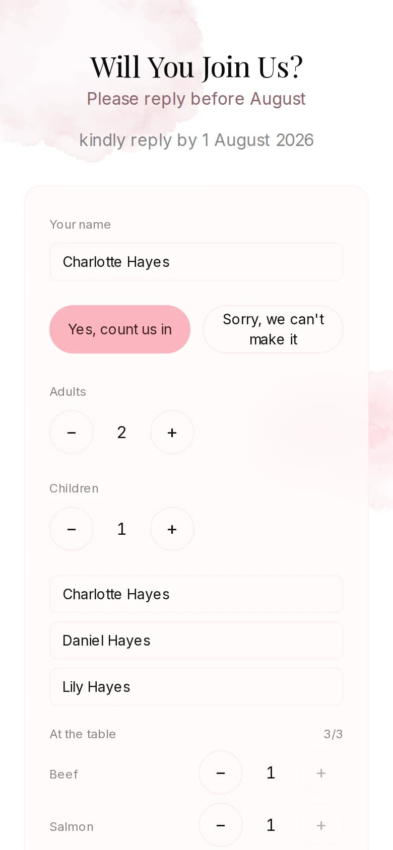 RSVP form on an example invitation: name, attending or not, adults, children and guest names