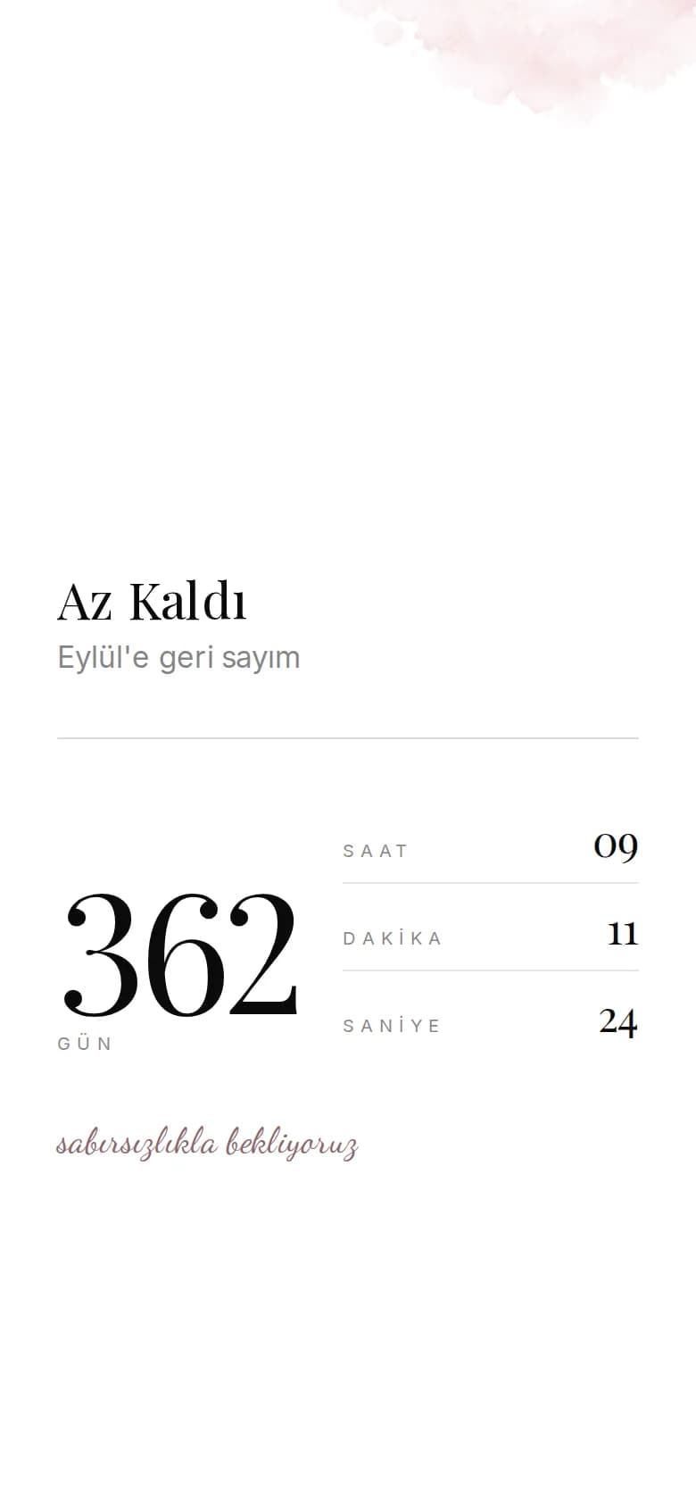 Telefonda bir örnek davetiyenin Geri Sayım bölümü