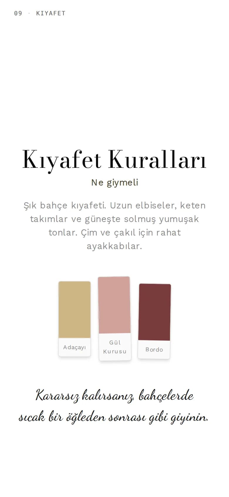 Telefonda bir örnek davetiyenin Kıyafet Kuralları bölümü