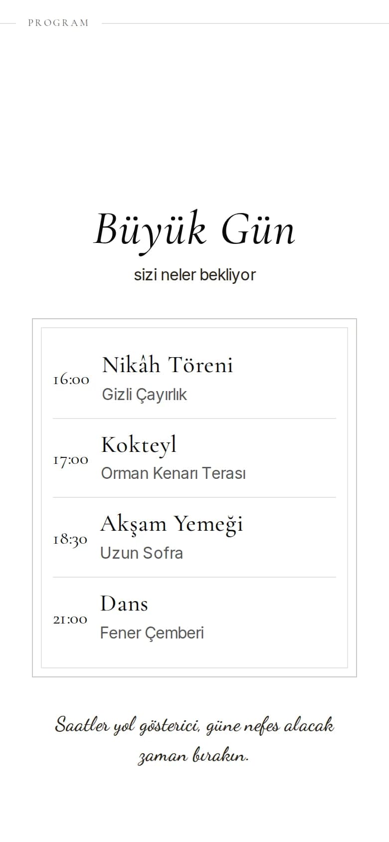 Telefonda bir örnek davetiyenin Program bölümü