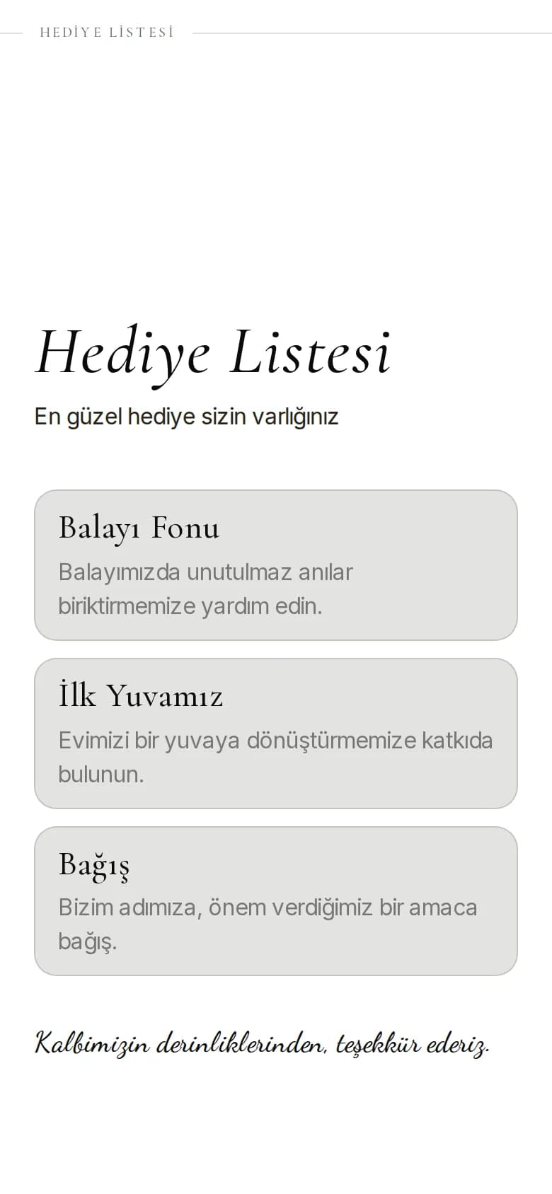 Telefonda bir örnek davetiyenin Hediye Listesi bölümü