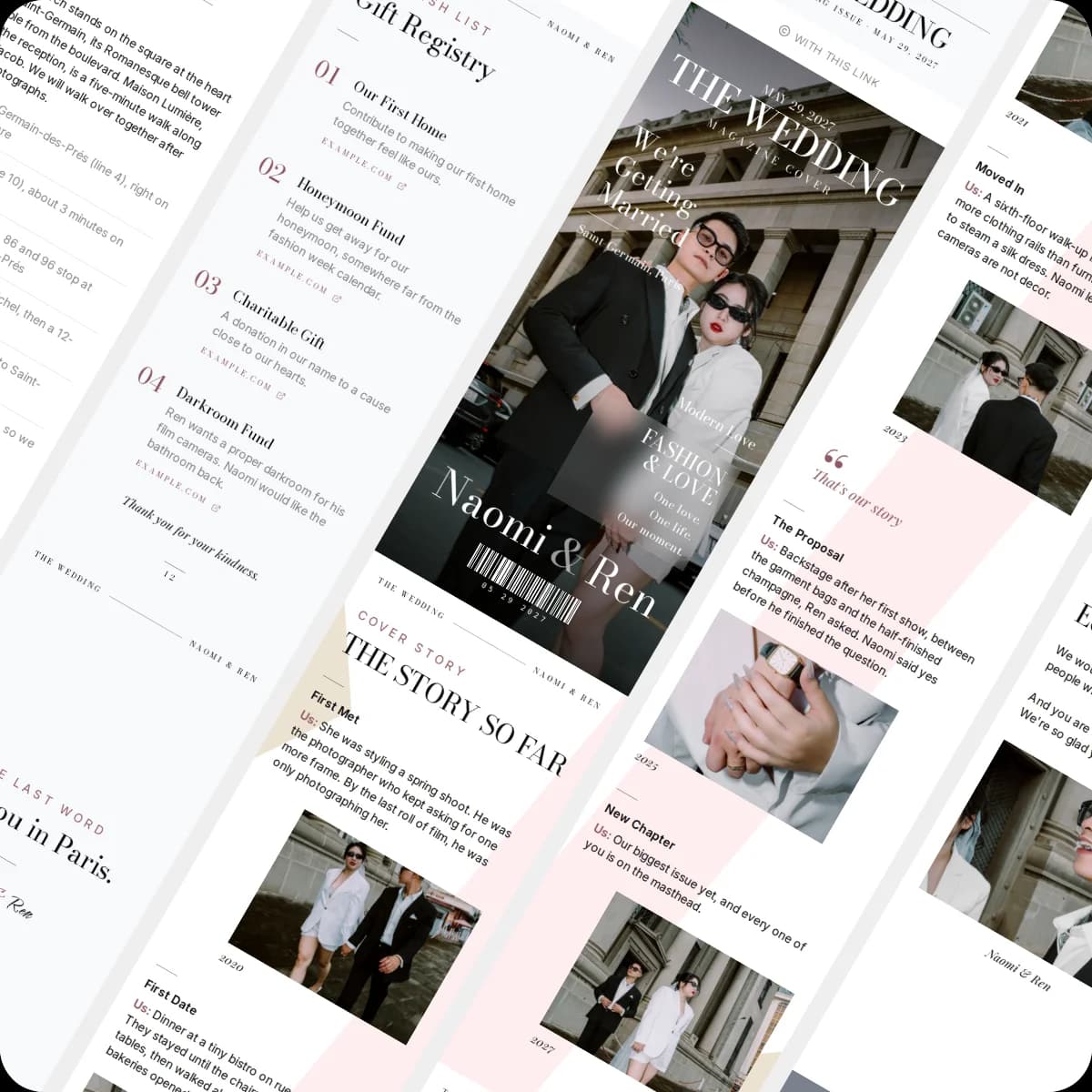 Sections of an example invitation laid side by side as tilted strips