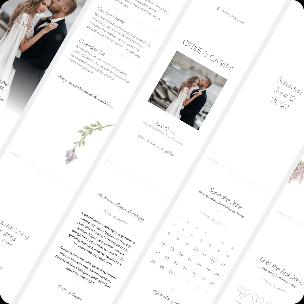 The example invitation behind the preview, from the cover to the calendar